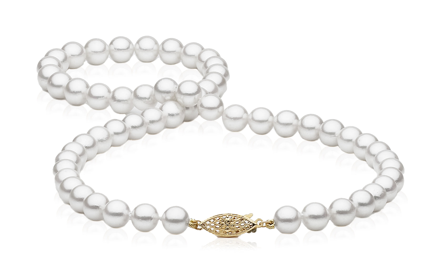 Completed cultured pearl necklace with engraved gold filigree clasp