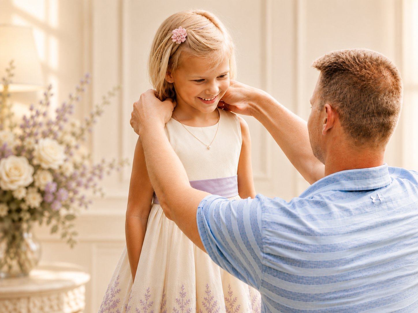 A father fastening an Add-A-Pearl necklace on his daughter