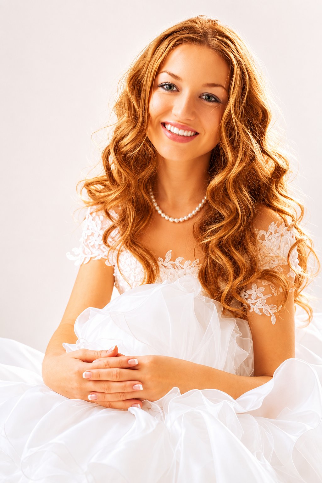 A bride wearing a full strand of pearls on her wedding day