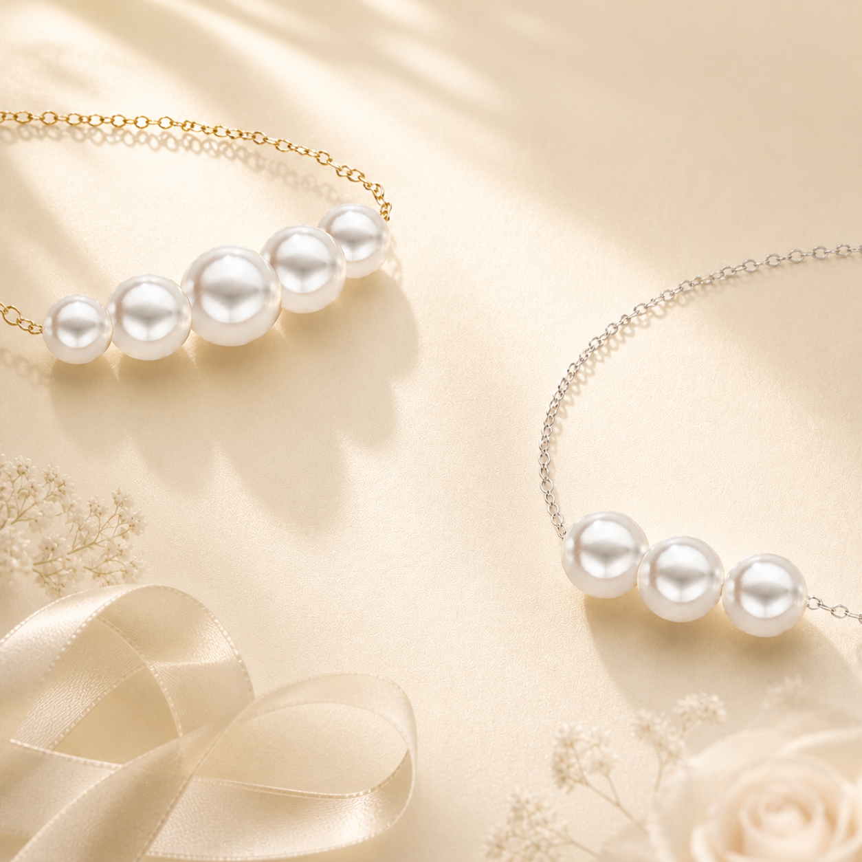 Two pearl necklaces on champagne satin — Add-A-Pearl