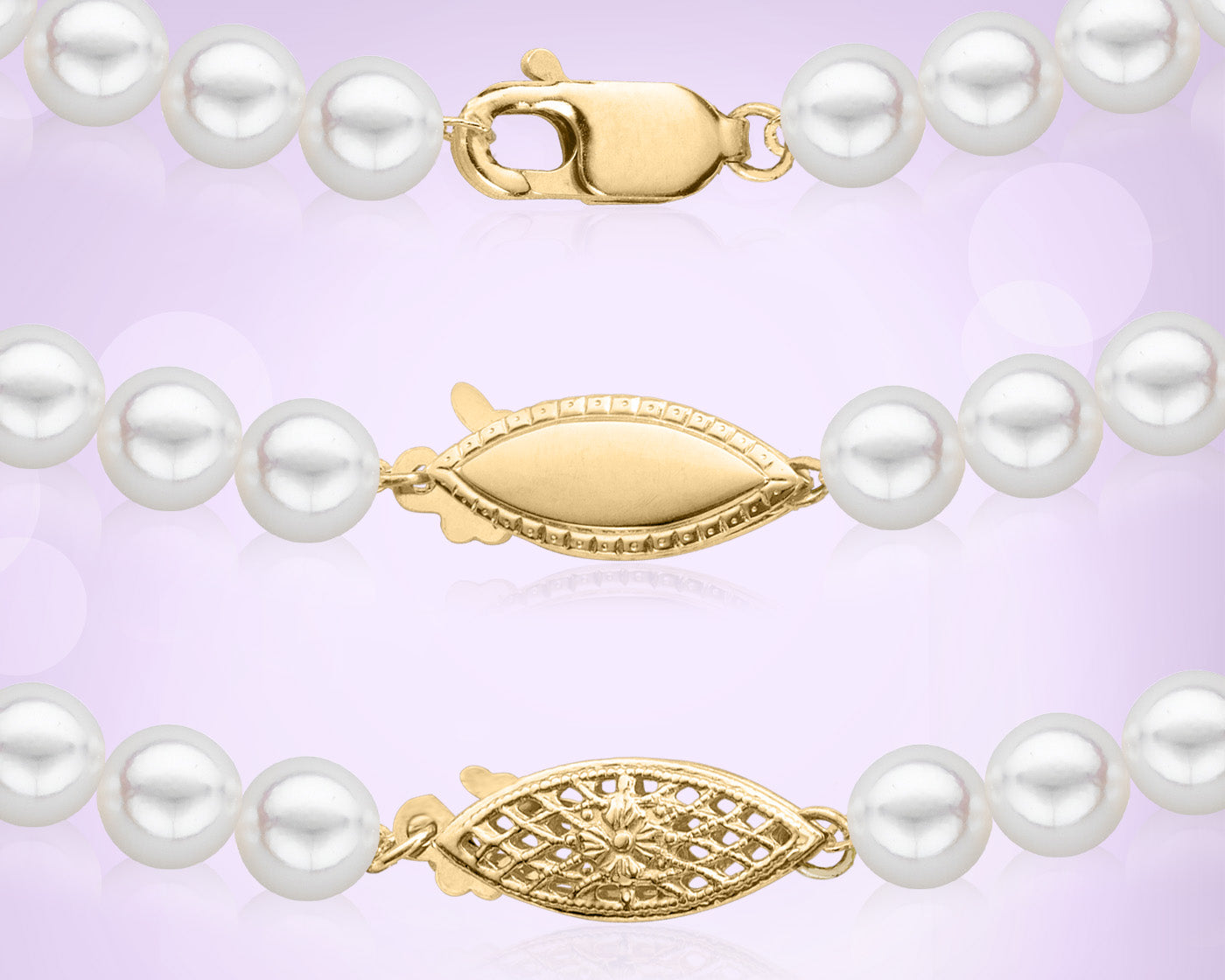 White pearl necklace with gold-toned fish-shaped links and a lobster clasp, shown in three close-up views against a soft lavender background.