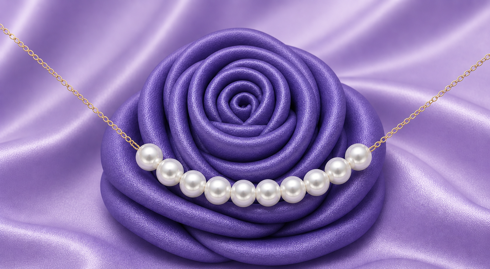 A pearl strand on a delicate gold chain laid across a cream silk rose on draped silk