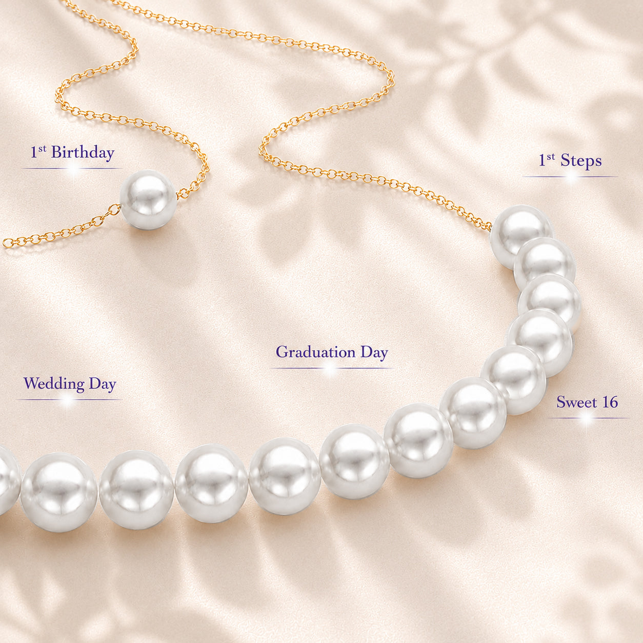 A pearl necklace and matching pearl bracelet displayed on a soft beige satin background with printed text labels for occasions: 1st Birthday, 1st Steps, Wedding Day, Graduation Day, and Sweet 16.