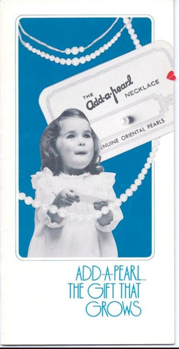 Vintage Add-A-Pearl brochure titled The Gift That Grows, featuring a young girl in a white pinafore on a deep blue cover, with a printed pearl strand and Genuine Oriental Pearls card