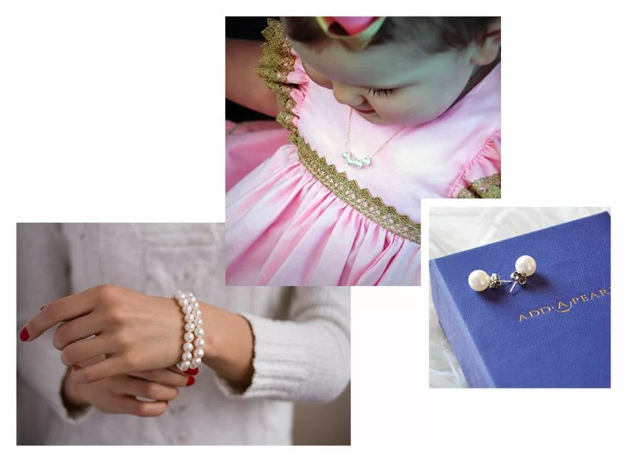 Collage of jewelry made with Akoya pearls