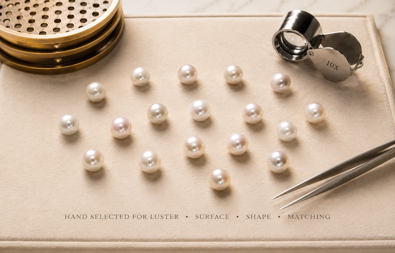 White Akoya pearls hand selected for luster, surface quality, shape, and matching.