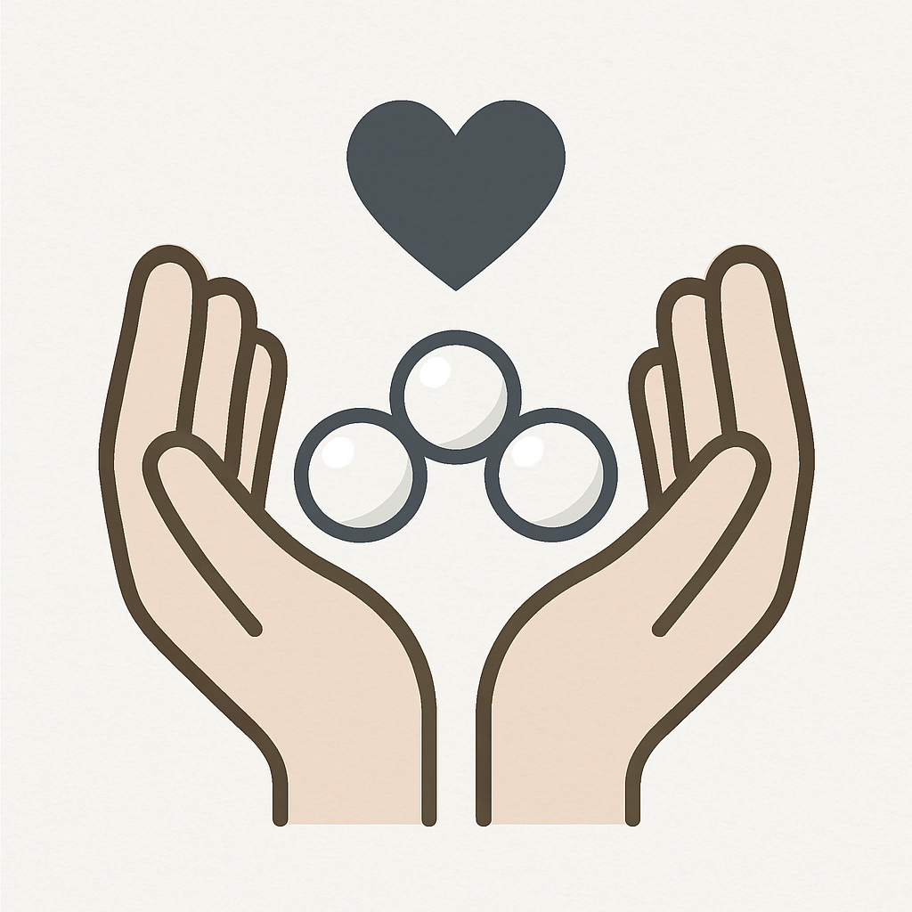 Hands holding white beads with a heart above