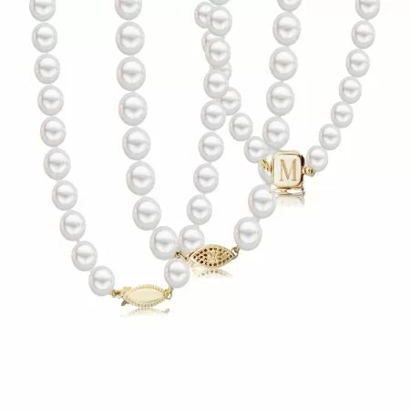 3 pearl necklaces with 3 different gold clasps
