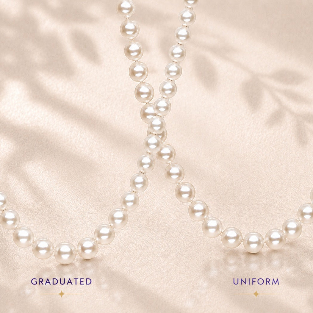 Graduated pearl necklace (left) and uniform pearl necklace (right) on champagne