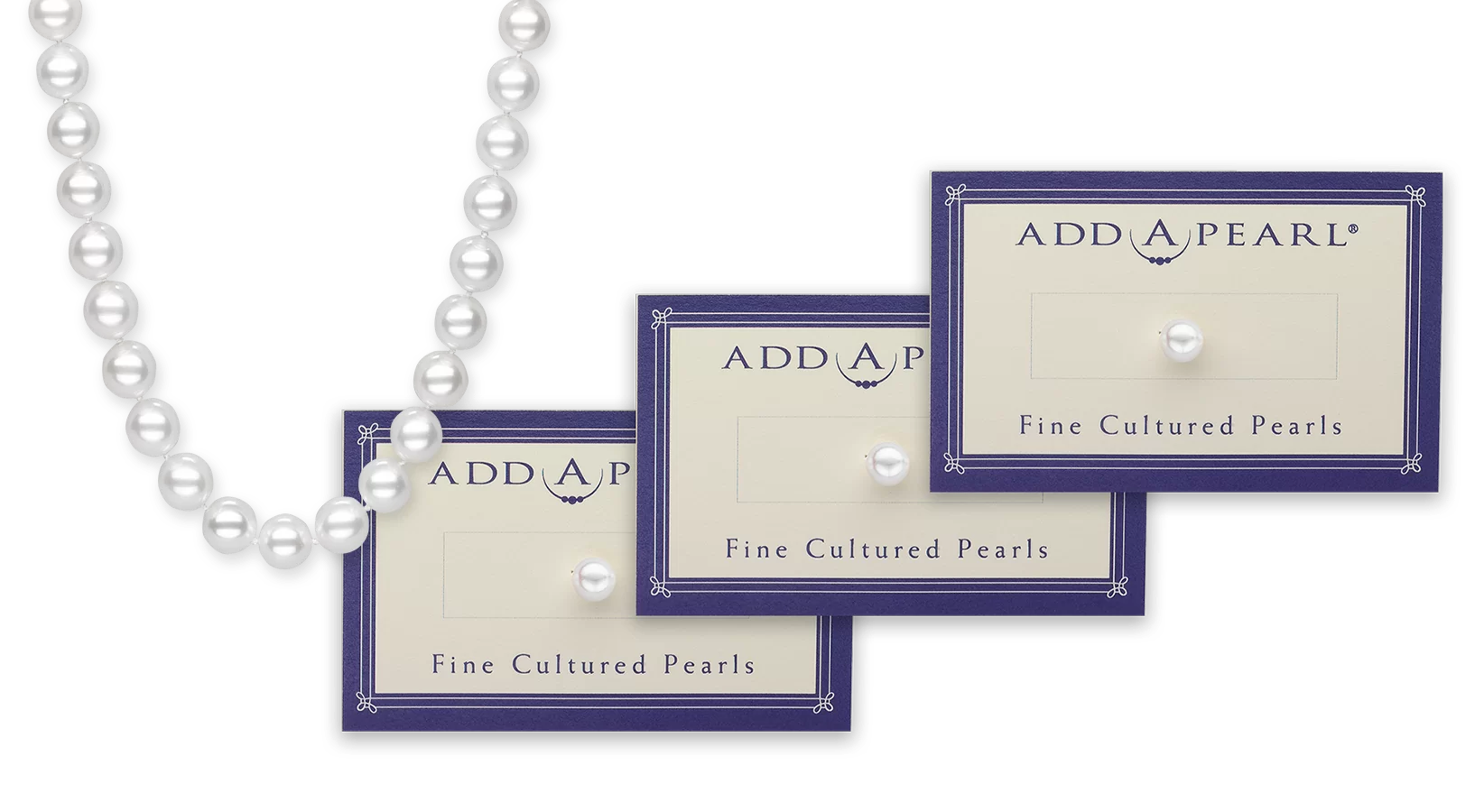 Three Add-A-Pearl single-pearl gift cards, each holding one additional cultured pearl