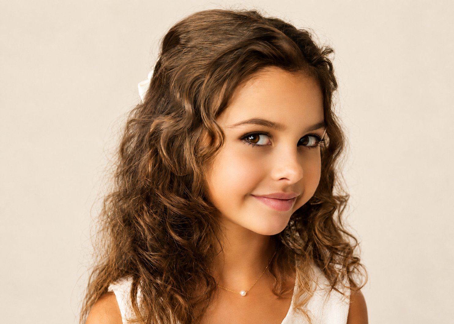 Young girl with curly brunette hair in a white dress wearing a pearl pendant