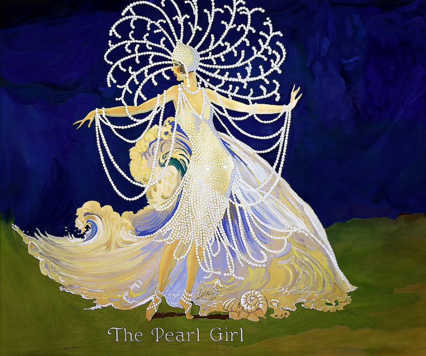 The Pearl Girl -- a woman dressed in pearl garments on a blue abstract background.