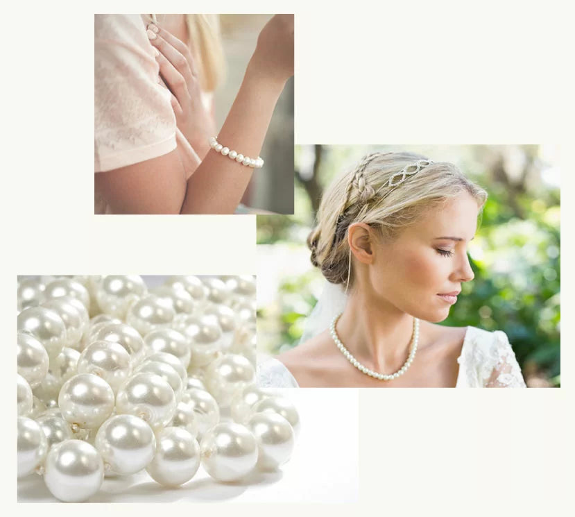 Collage of pearl jewelry including necklace, bracelet, and a collection of pearls.
