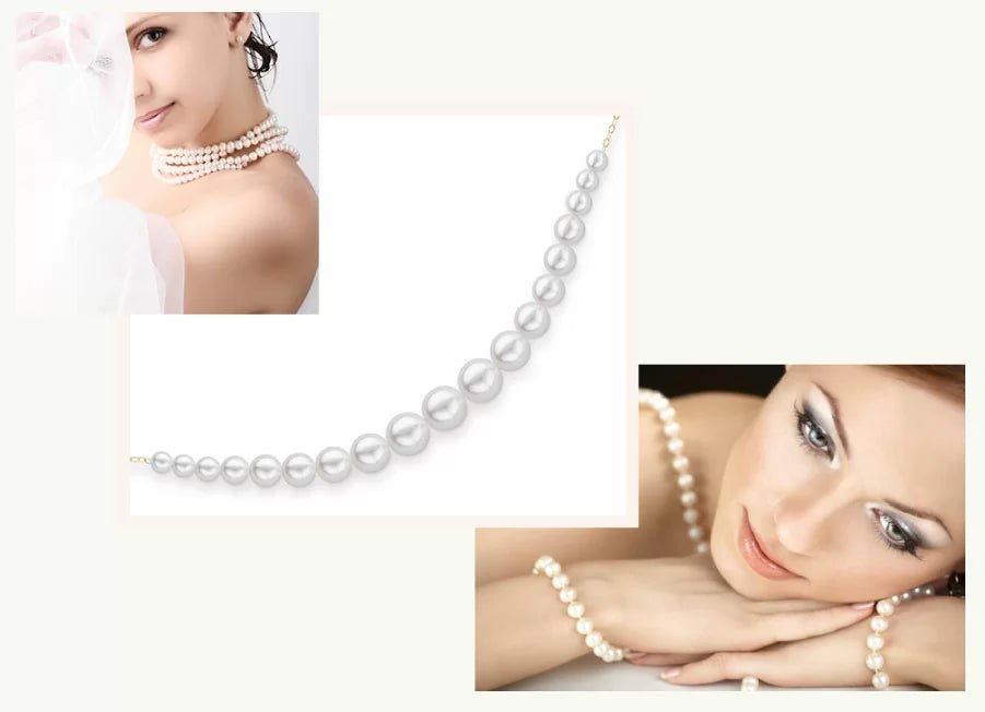 Collage of a pearl necklace worn by a woman