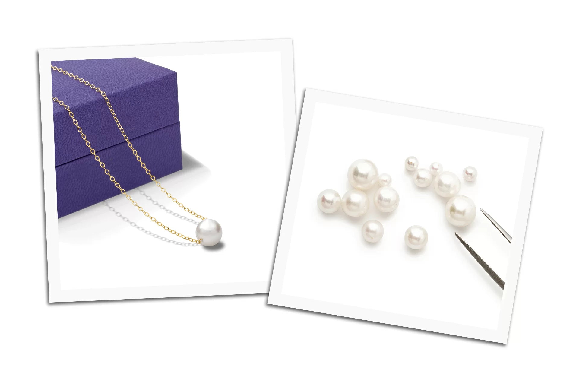 Pearl necklace on a white surface with a purple box in the background