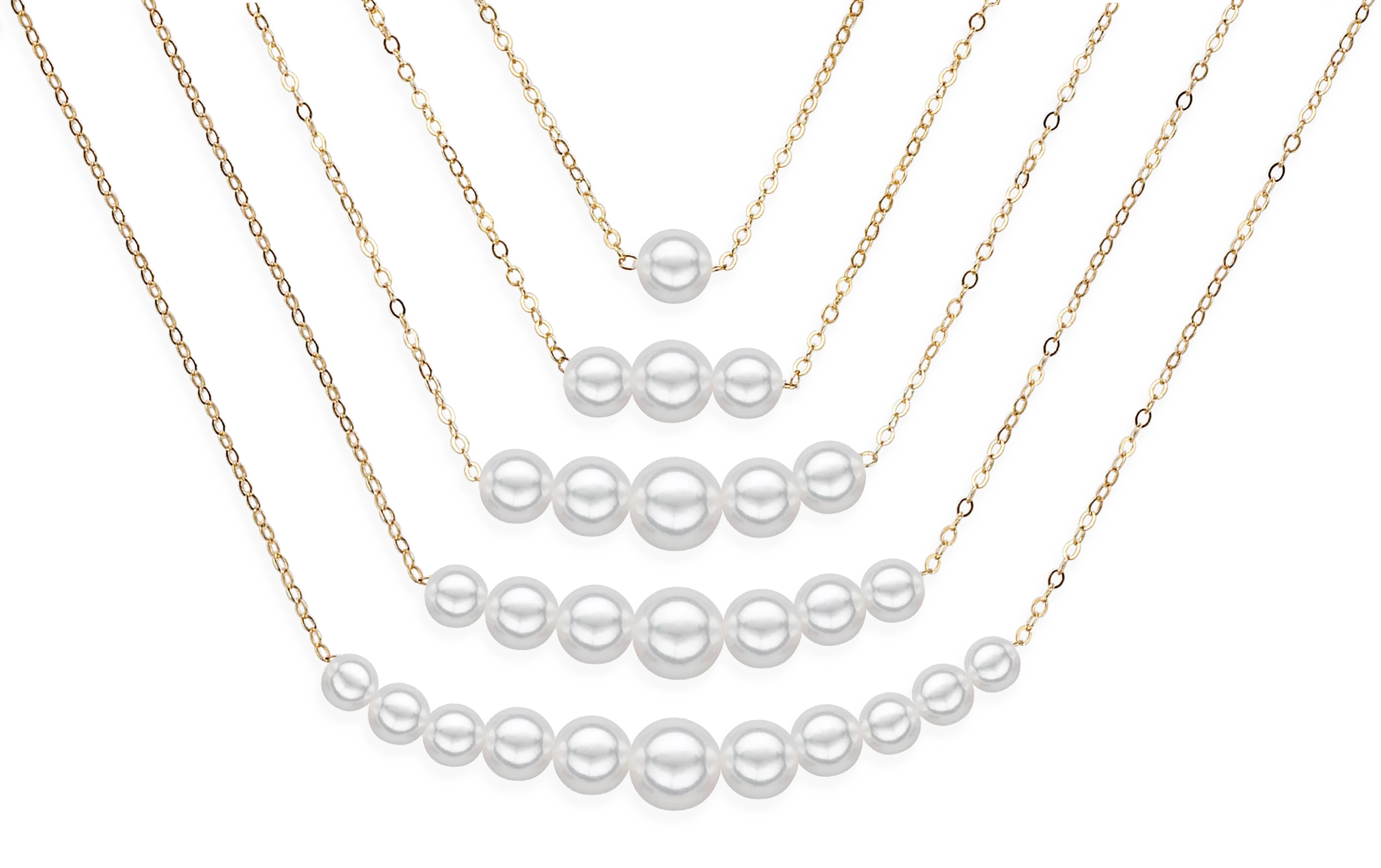 Five necklaces showing 1, 3, 5, 7 and 9 pearls strung together on delicate gold chains