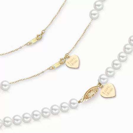 3 pearl necklaces showing different clasp styles and engraved charms