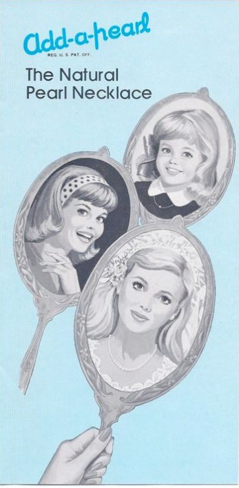 Vintage Add-A-Pearl brochure titled The Natural Pearl Necklace, with three illustrated portraits of young women set inside oval hand mirrors on a blue cover