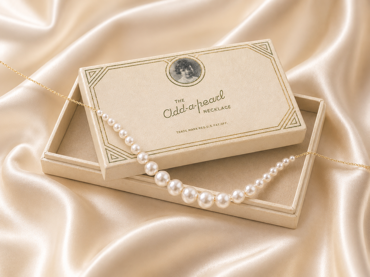 An original ivory Add-A-Pearl gift box from the early 1900s rests on draped cream silk, a strand of cultured pearls on a fine gold chain laid across its lid