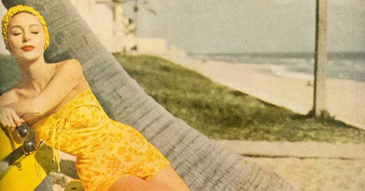 Woman from the 1950s wearing a stylish yellow bathing suit.