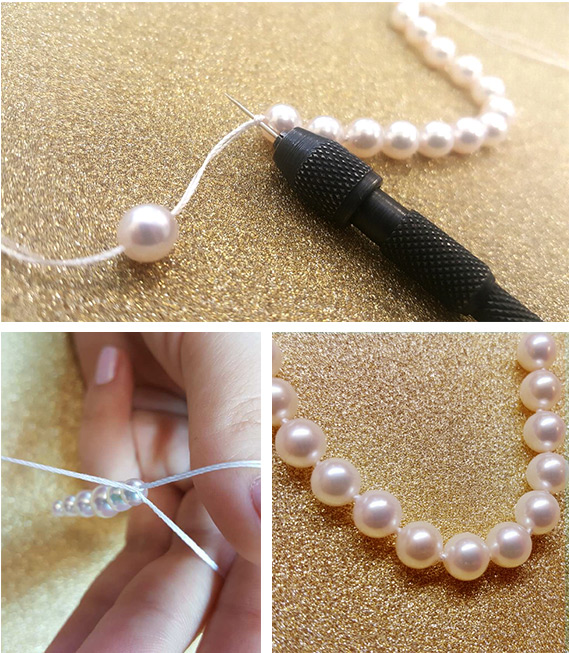 pearls being strung and knotted with silk thread